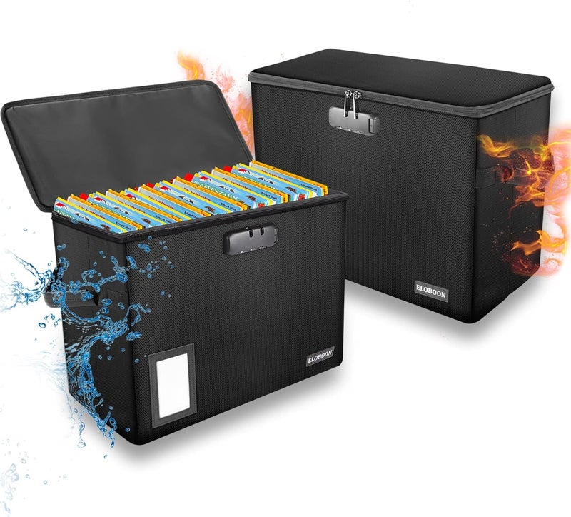 ELOBOON 2 Pack Comic Book Storage Box, Fireproof & Water-Resistant Comic Book Box with Lock and Label Window, Moistureproof Comic Short Box with Fire Zipper, Comic Book Bin with Non-Slip Bottom, Black - Image 1